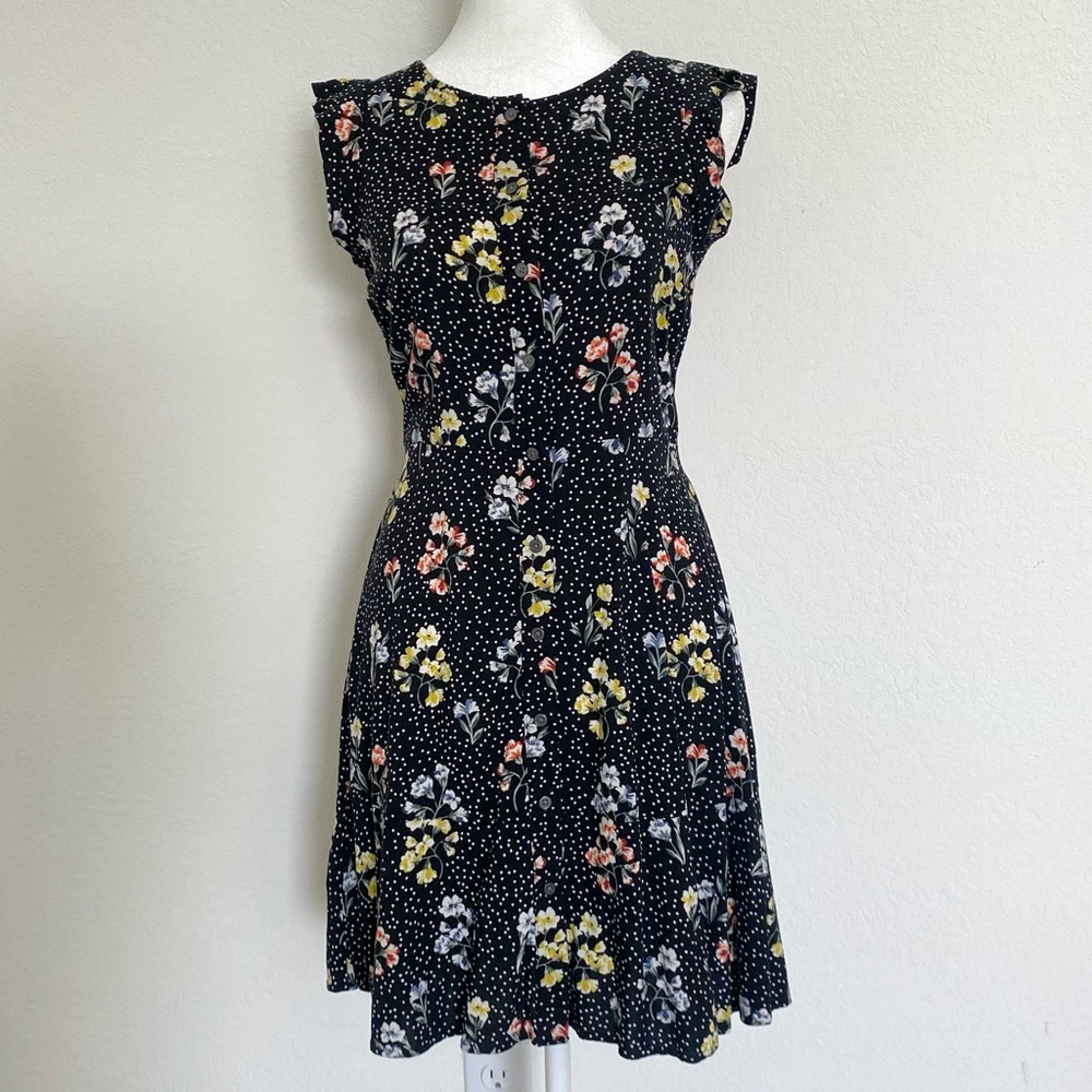 Black floral mini dress with polka dots, and cap sleeves